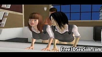 Duas garotas asiáticas sexy de desenho animado em 3D chupando e fodendo